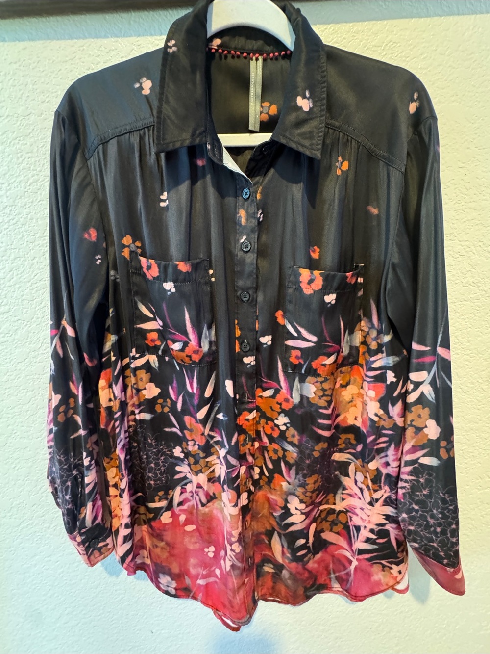 Anthropologie Navy Button-Down Shirt with Pink Floral Ombre